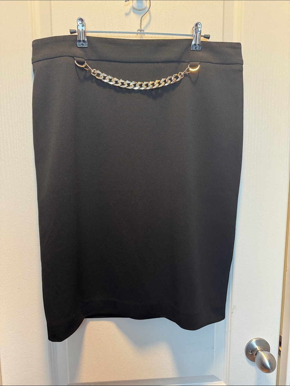 Elegant Black Pencil Skirt with Gold Chain Detail